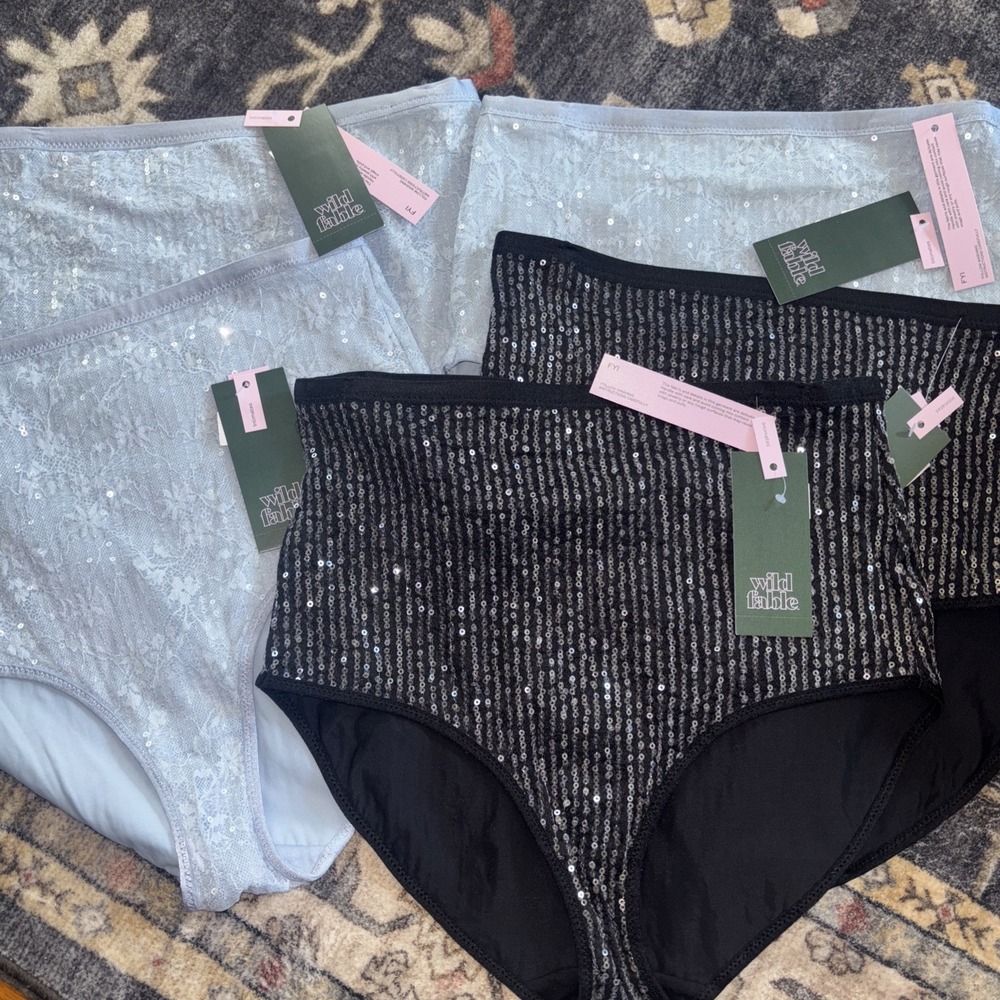5 X Wild Fable Black / Blue Sequin Floral Lace High Waist Brief Panties Size S